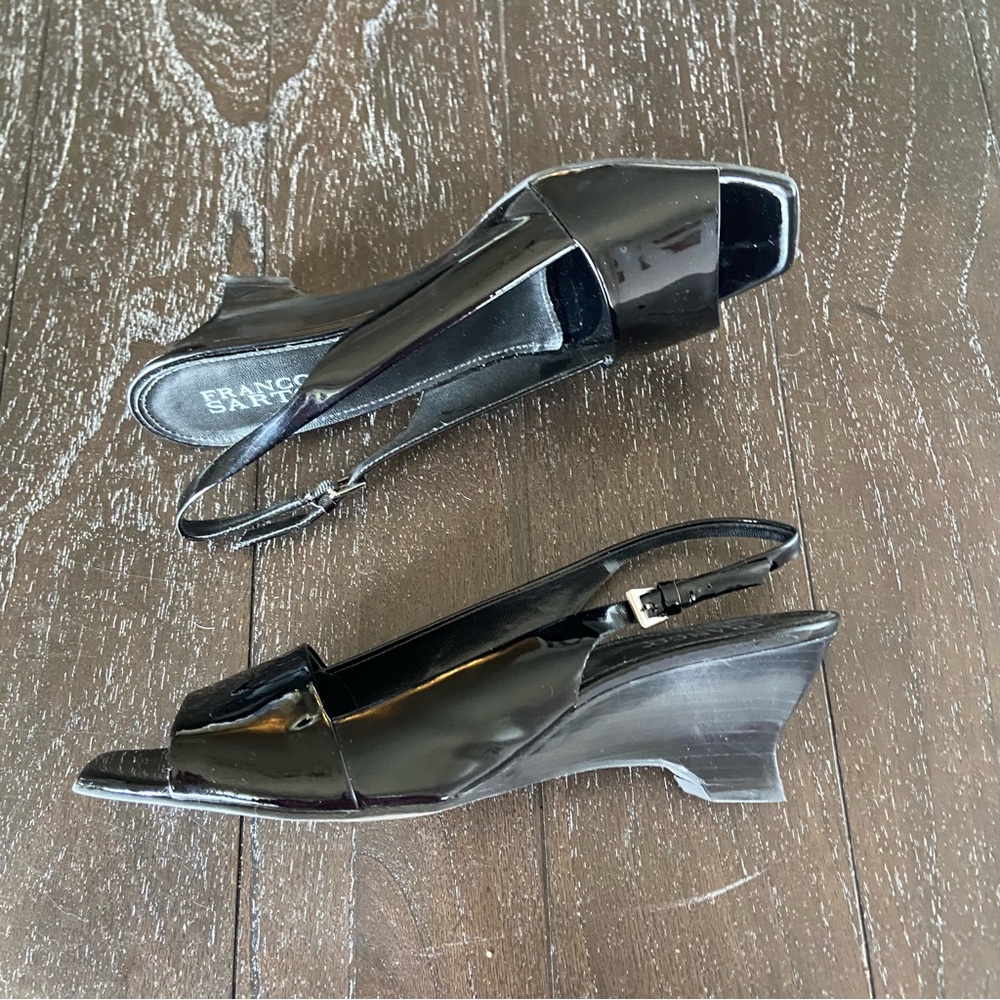 Franco Sarto Wisteria Black Patent‎ Leather Slingback Peep Square Toe Sandals 9M